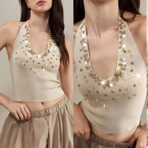 Summer 2025 Beige sequin halter top with open back knit tencel stretchy material